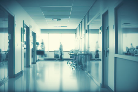 Blurry blueish medical office interior. Clinic interior with blue background. Copyspace. Generative AIの素材