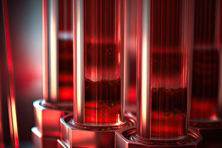 Glass test tubes with thick red liquid with red backgroundの素材