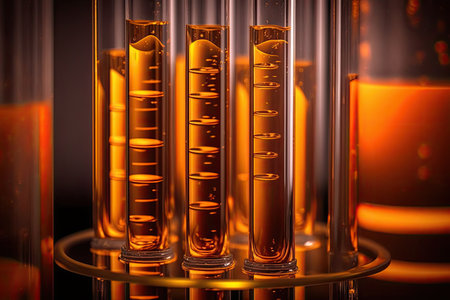 Glass test tubes with thick blue liquid with light blue background. Scientific theme.の素材
