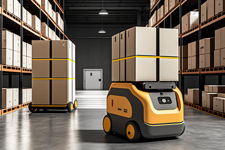 Automated retail warehouse with robots efficiently sorting parcels (Automated guided vehicle - AGV). Generative AIの素材