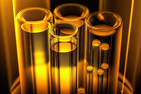 Glass test tubes with thick yellow liquid. Scientific theme, petroleum products testing. Generative AIの素材