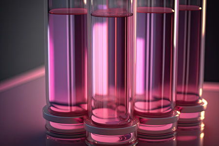 Glass test tubes with thick blue liquid with light blue background. Scientific theme.の素材