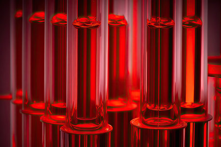 Glass test tubes with thick red liquid with red backgroundの素材
