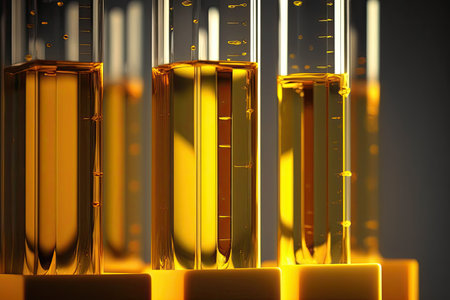 Glass test tubes with thick yellow liquid. Scientific theme, petroleum products testing. Generative AIの素材