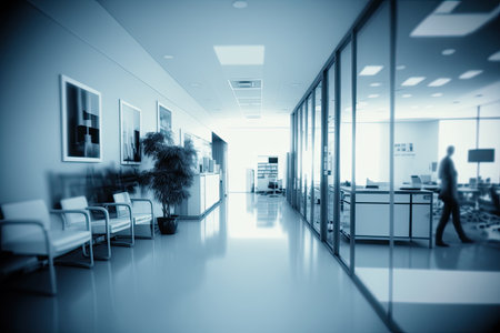 Blurry blueish medical office interior. Clinic interior with blue background. Copyspace. Generative AIの素材