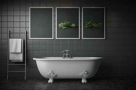 Gray themed bathroom, gray tiles and three posters above. Copyspace. Generative AIの素材