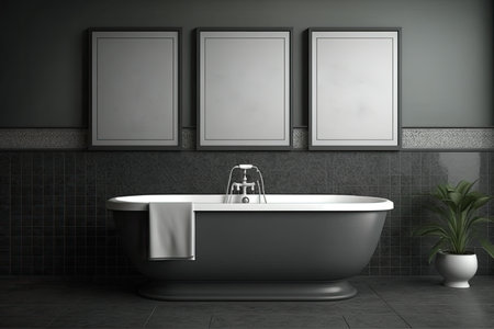 Gray themed bathroom, gray tiles and three posters above. Copyspace. Generative AIの素材