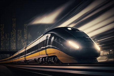 High speed bullet train speeding past the train station. Blurred cityscape in backgroundの素材