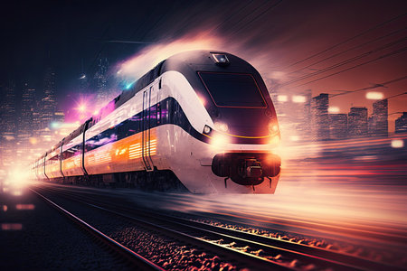 High speed bullet train speeding past the train station. Blurred cityscape in backgroundの素材