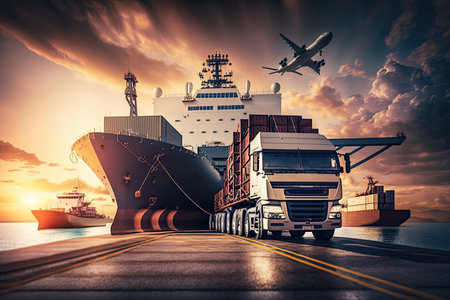 Modern transportation system with trucks, ships and containers. View from the shipping dock. Generative AIの素材