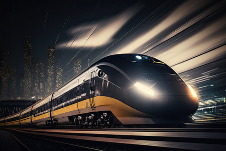 High speed bullet train speeding past the train station. Blurred cityscape in backgroundの素材