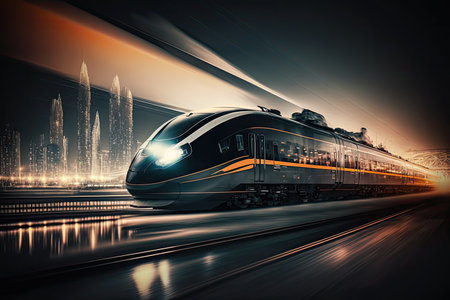 High speed bullet train speeding past the train station. Blurred cityscape in backgroundの素材