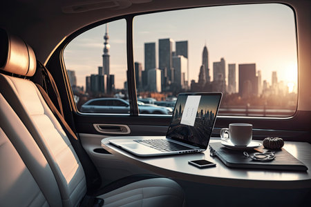 Modern luxury autonomous futuristic car interior with white seats and table with laptop. Generative AIの素材