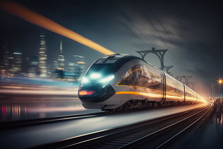 High speed bullet train speeding past the train station. Blurred cityscape in backgroundの素材