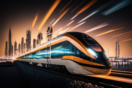 High speed bullet train speeding past the train station. Blurred cityscape in backgroundの素材
