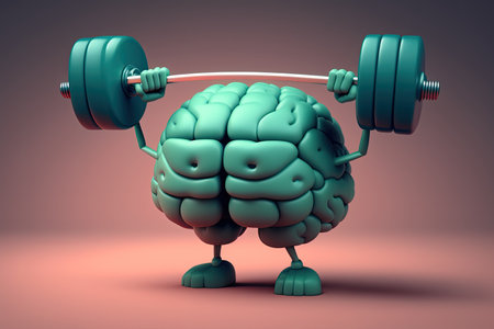 3D illustration of a human brain lifting dumbbell. Mind training concept. Generative AIの素材