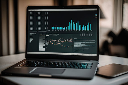 Laptop showing analytical data on a desk. Generative AIの素材