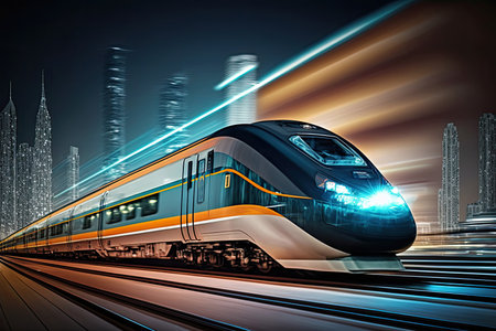 High speed bullet train speeding past the train station. Blurred cityscape in backgroundの素材