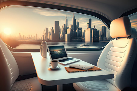 Modern luxury autonomous futuristic car interior with white seats and table with laptop. Generative AIの素材