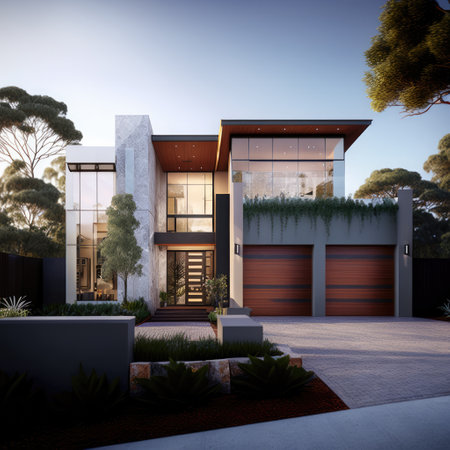 Luxurious very modern house with garage and driveway. Generative AIの素材
