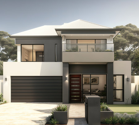 Luxurious modern house with garage and driveway. White gray combination.Generative AIの素材