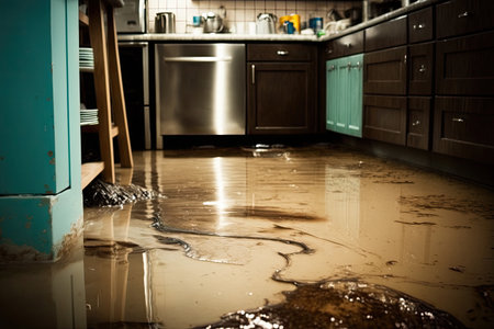 Flooded kitchen floor, water leaking. Closeup view of a waterlogged kitchen floor. Generative AIの素材