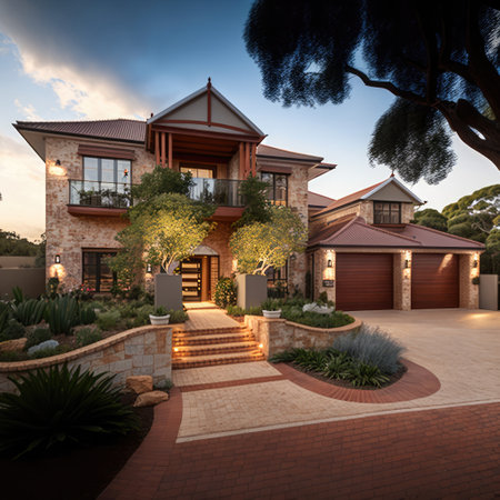 Luxurious house with two garages and stone tiled driveway. Late afternoon shot.Generative AIの素材