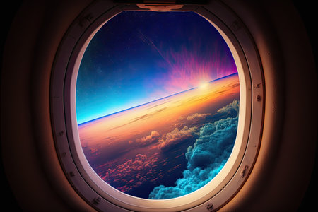 Beautiful view of the sky from the airplane window. Clouds and sunset. Generative AIの素材
