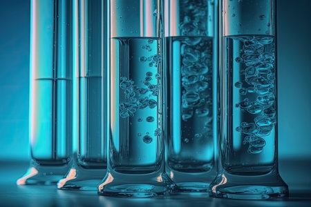 Glass test tubes with thick blue liquid with light blue background. Scientific theme.の素材