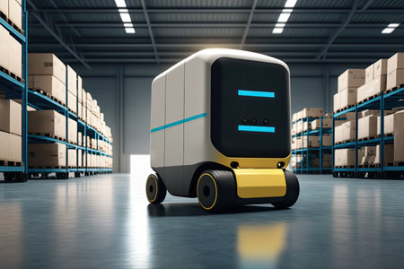 Automated retail warehouse with robots efficiently sorting parcels (Automated guided vehicle - AGV). Generative AIの素材