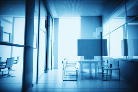 Blurry blueish medical office interior. Clinic interior with blue background. Copyspace. Generative AIの素材
