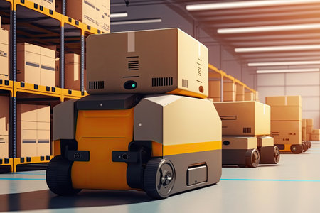 Automated retail warehouse with robots efficiently sorting parcels (Automated guided vehicle - AGV). Generative AIの素材