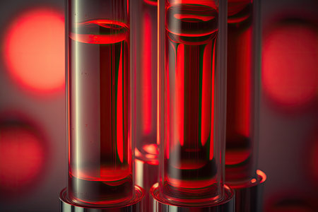 Glass test tubes with thick red liquid with red backgroundの素材
