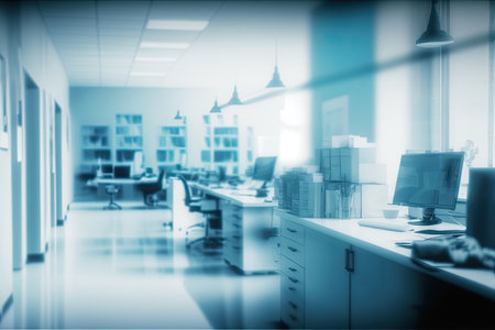 Blurry blueish medical office interior. Clinic interior with blue background. Copyspace. Generative AIの素材