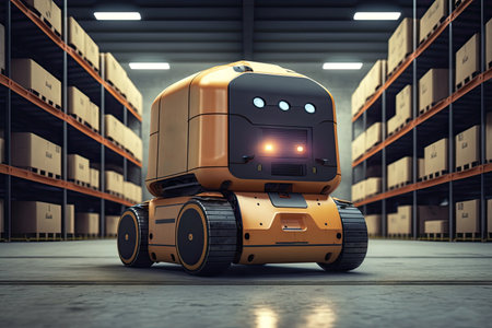 Automated retail warehouse with robots efficiently sorting parcels (Automated guided vehicle - AGV). Generative AIの素材