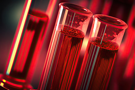 Glass test tubes with thick red liquid with red backgroundの素材