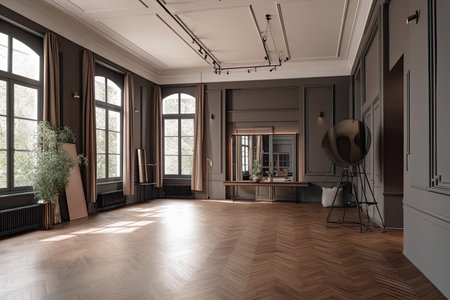 A grand room with a parquet floor with dark stucco panels, molding, and frames. Large, open studio with furnishings and advertising product mock-ups, generative aiの素材