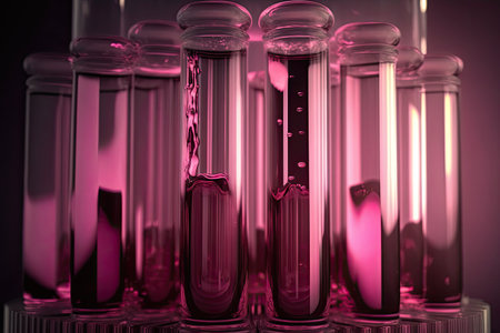 Glass test tubes with thick blue liquid with light blue background. Scientific theme.の素材