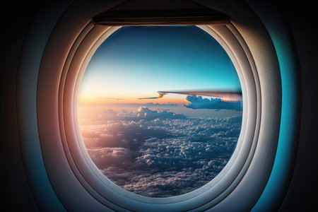 Beautiful view of the sky from the airplane window. Clouds and sunset. Generative AIの素材
