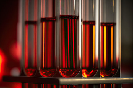 Glass test tubes with thick red liquid with red backgroundの素材