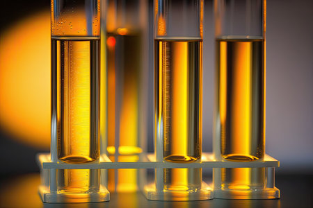 Glass test tubes with thick yellow liquid. Scientific theme, petroleum products testing. Generative AIの素材