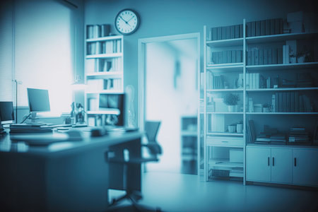 Blurry blueish medical office interior. Clinic interior with blue background. Copyspace. Generative AIの素材