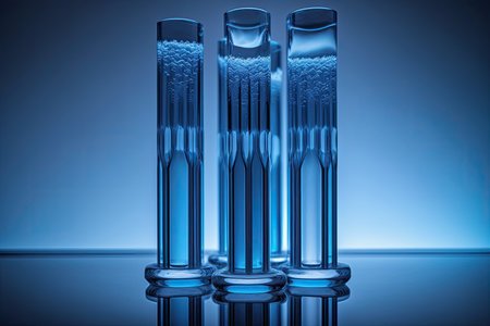 Glass test tubes with thick blue liquid with light blue background. Scientific theme.の素材