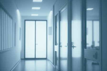 Blurry blueish medical office interior. Clinic interior with blue background. Copyspace. Generative AIの素材
