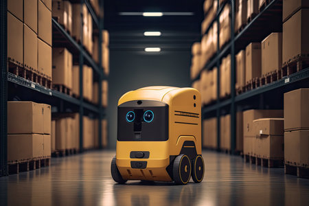 Automated retail warehouse with robots efficiently sorting parcels (Automated guided vehicle - AGV). Generative AIの素材