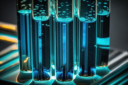 Glass test tubes with thick blue liquid with light blue background. Scientific theme.の素材