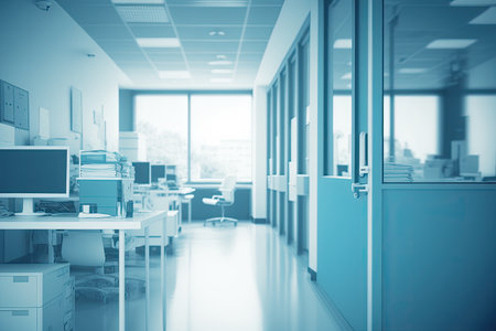 Blurry blueish medical office interior. Clinic interior with blue background. Copyspace. Generative AIの素材