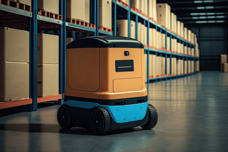 Automated retail warehouse with robots efficiently sorting parcels (Automated guided vehicle - AGV). Generative AIの素材
