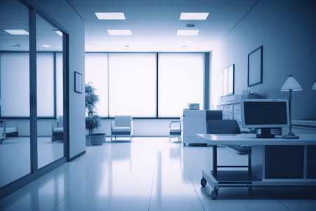 Blurry blueish medical office interior. Clinic interior with blue background. Copyspace. Generative AIの素材