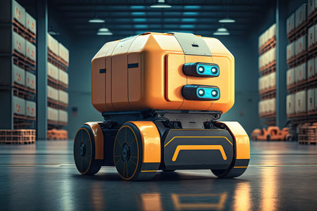 Automated retail warehouse with robots efficiently sorting parcels (Automated guided vehicle - AGV). Generative AIの素材